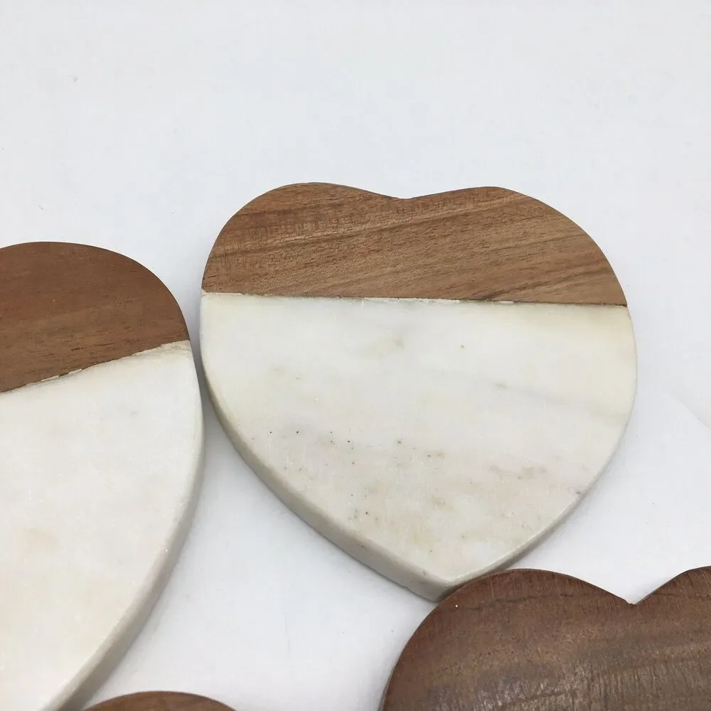 Heart Shape Wood And White Marble Coaster Set Of 4 New Made In India